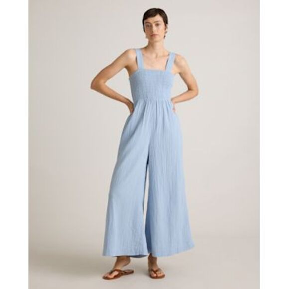 Quince Pants - Quince Womens 100% Organic Cotton Gauze Smocked Wide Leg Jumpsuit Ocean Breeze L
